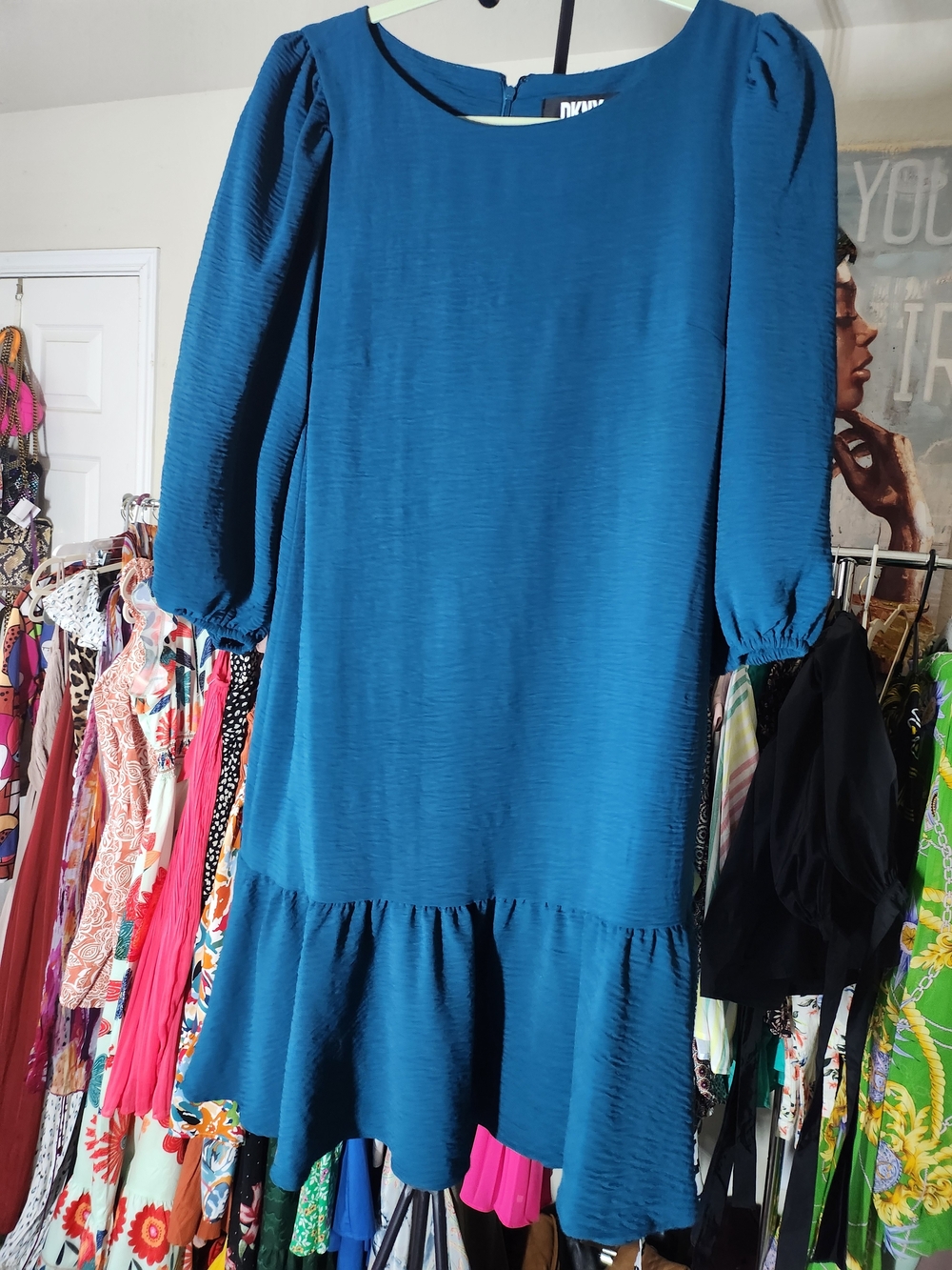 DVF Teal Textured Long Sleeve Ruffle Hem Dress